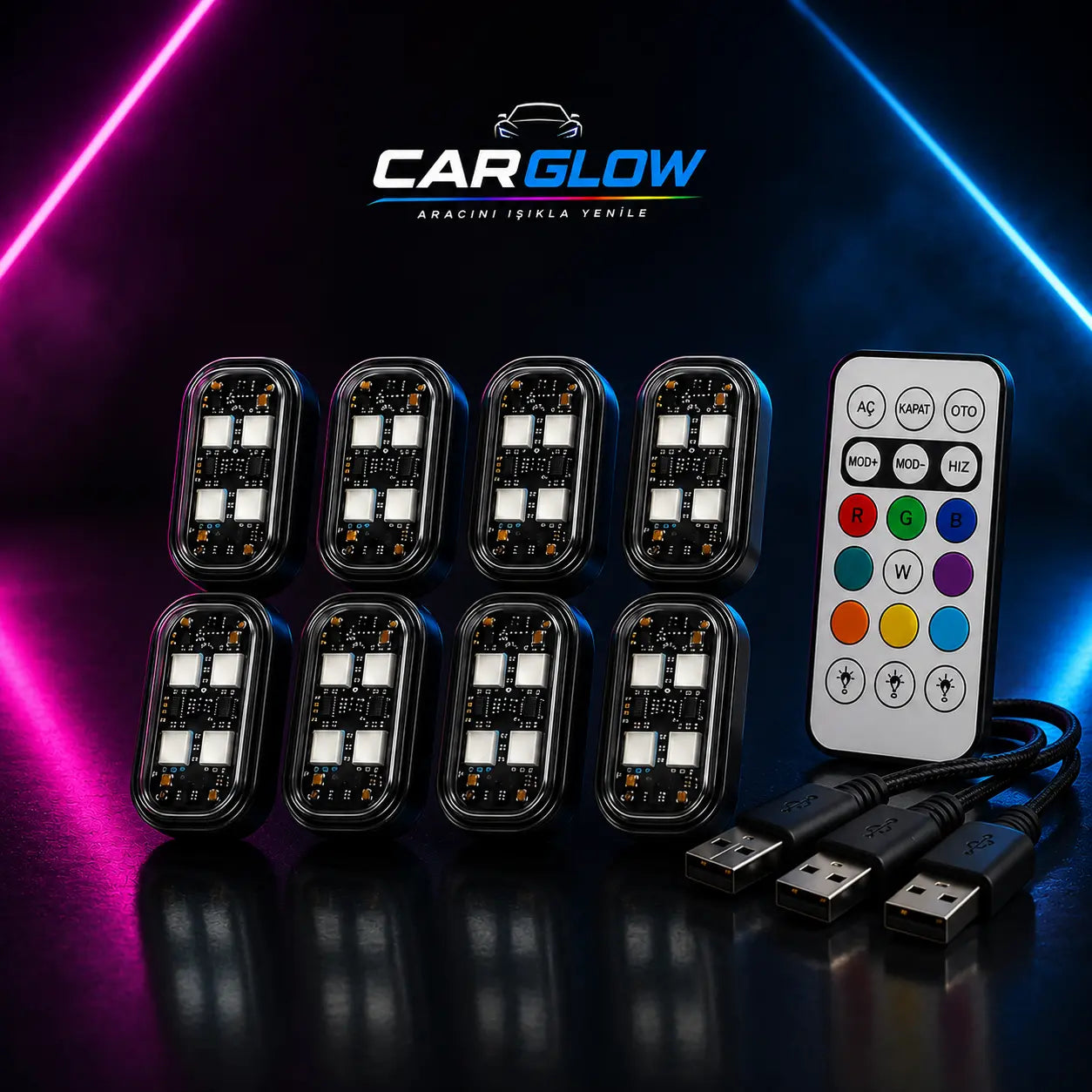 CarGlow kumandalı şarjlı araç içi RGB mini LED ışık seti
