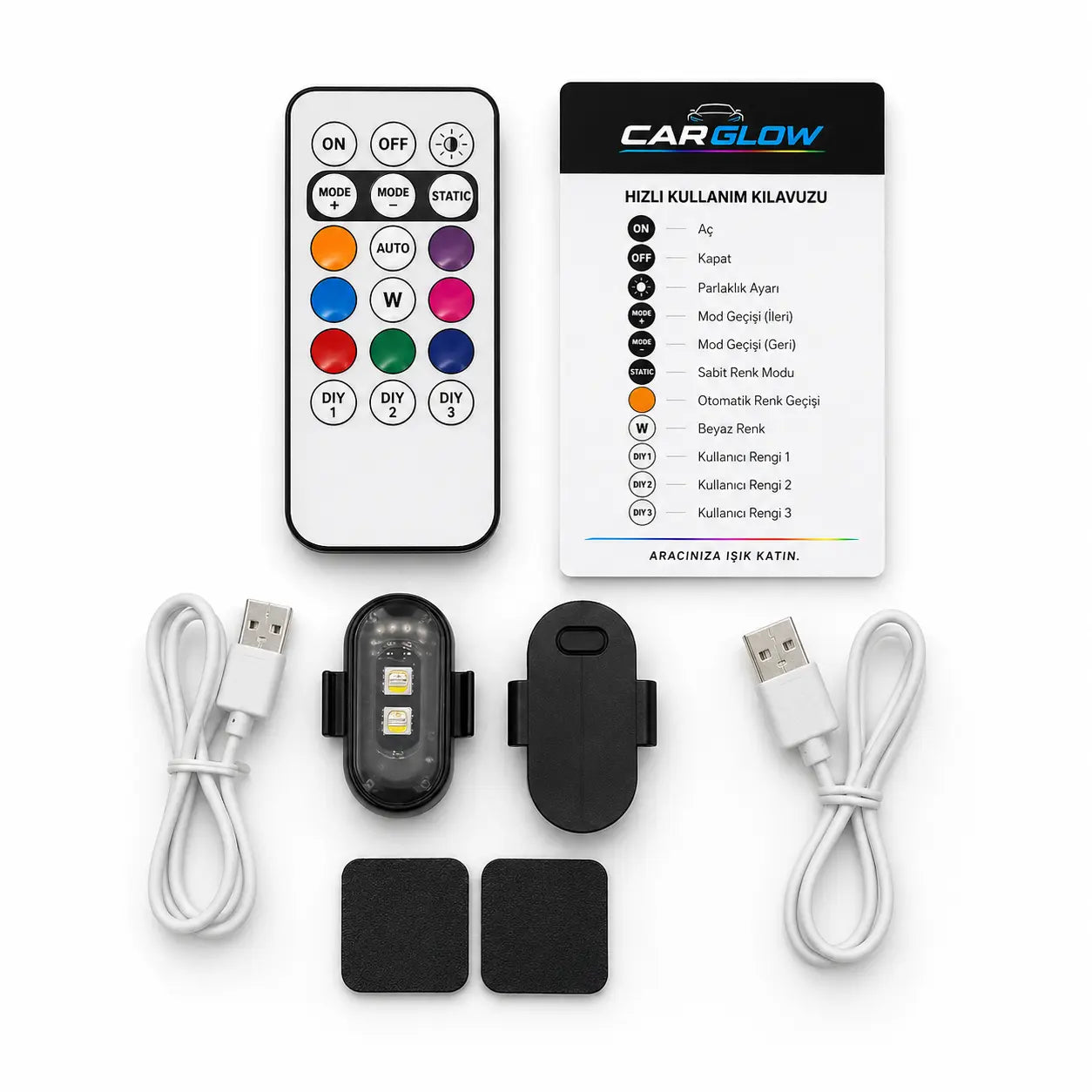 CarGlow 2 RGB LED ve 1 kumanda paket içeriği